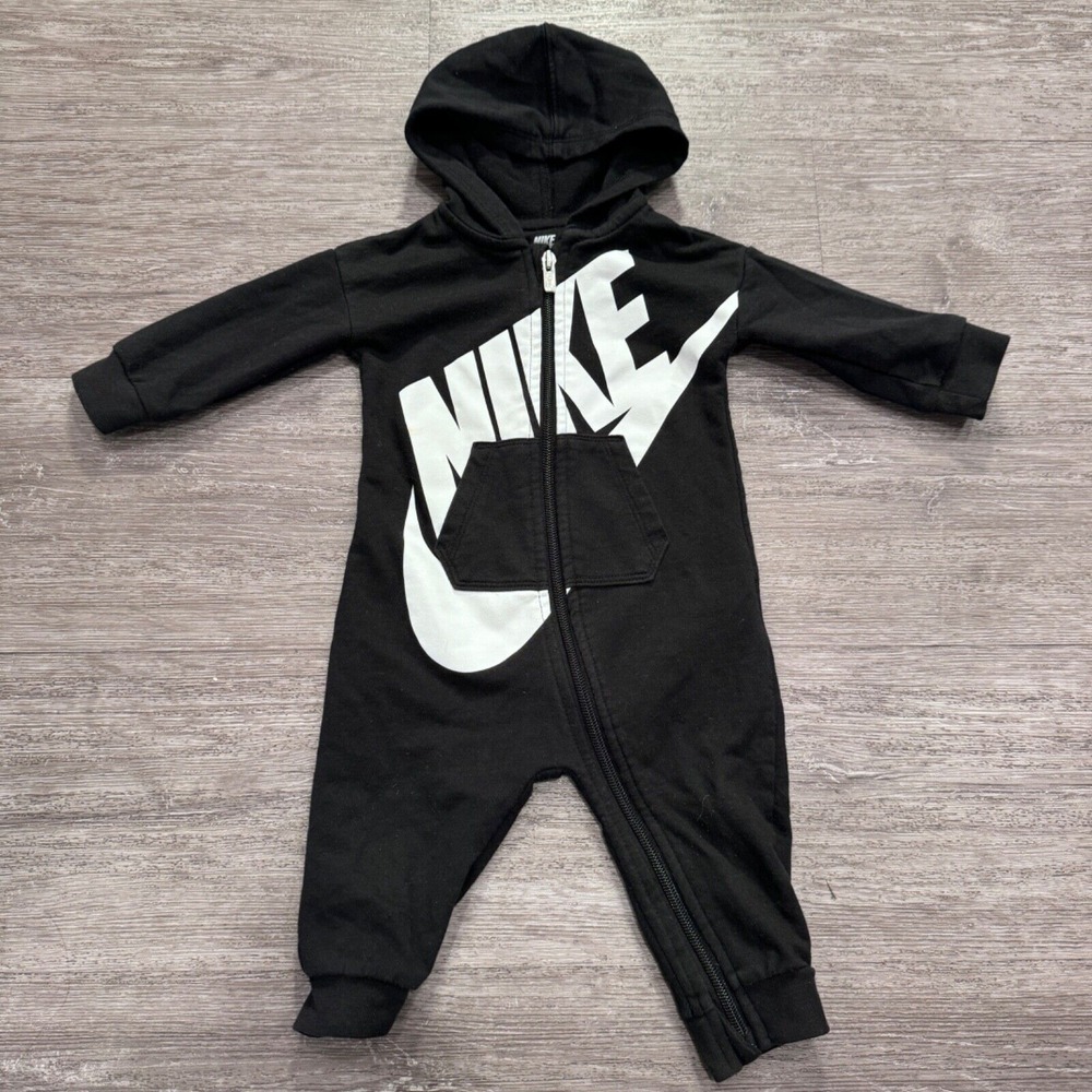 Nike Jumpsuit Baby Infant 9M Hooded Coverall Black Full Zip Bodysuit Fleece